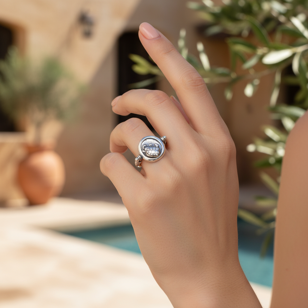 Hand wearing a silver ring with a blue gemstone against a blurred outdoor background