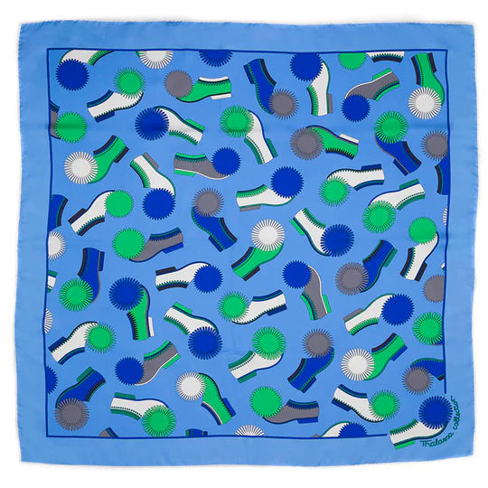 Blue scarf with pattern of shoes and socks on a white background