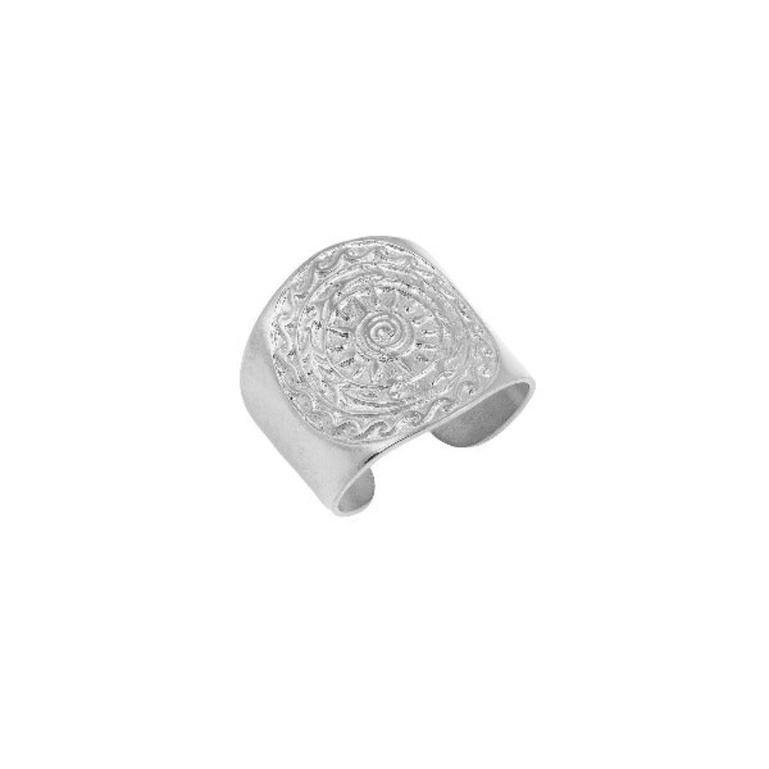A silver adjustable ring with intricate geometric patterns