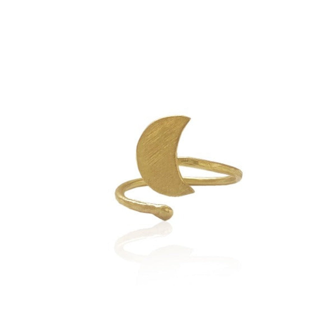 An adjustable ring with a half moon design, plated in gold on a white background