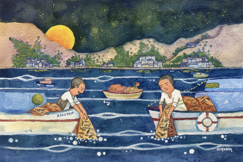 A printed artwork depicting a night fishing scene with two individuals on a boat, a full moon, and a mountainous island backdrop.
