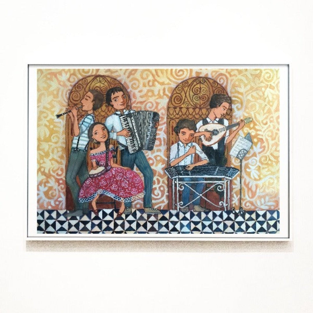 A printed artwork depicting Greek musicians with vibrant traditional clothing and instruments, titled 'Musicians - Wall Art Decor'.