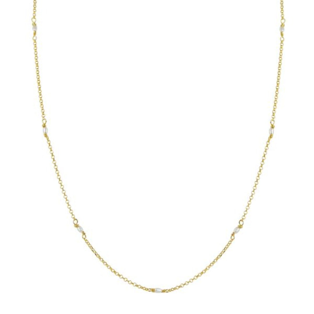 A gold-plated necklace with freshwater pearls, featuring an adjustable chain and a lobster claw closure.