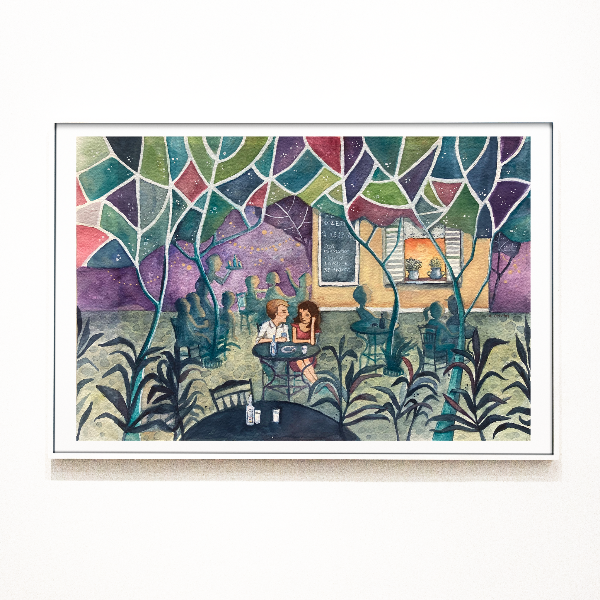 An art print depicting a colorful depiction of a traditional Greek coffee shop scene with a man and woman seated at a table.