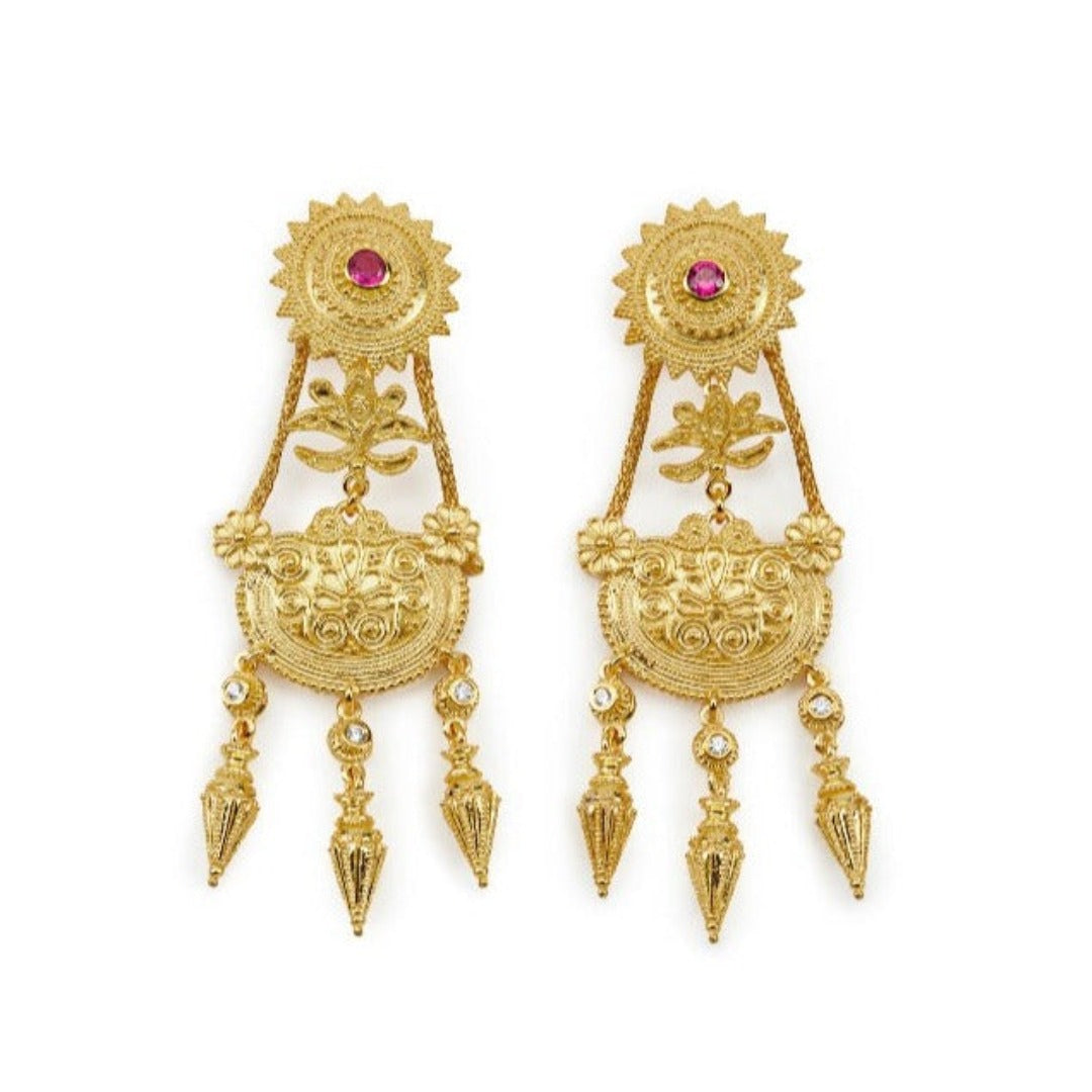 A pair of gold-plated earrings featuring intricate designs and small amphora-shaped pendants with red and white zircons.