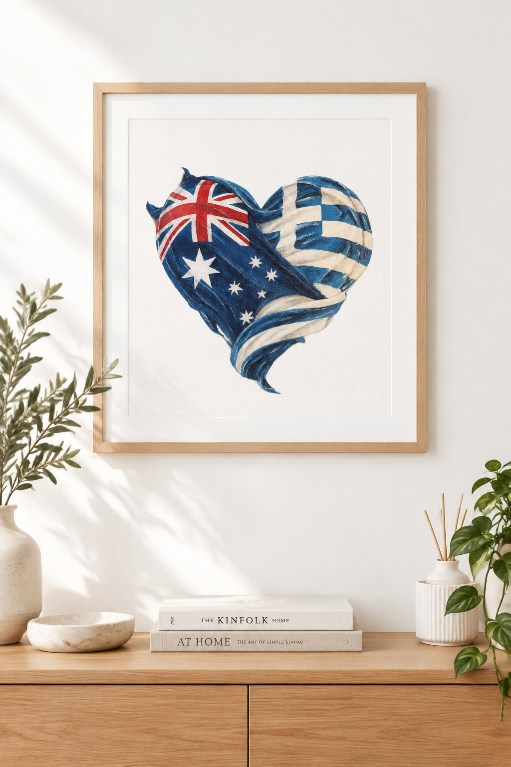 TWO HEARTS (Small Prints Collection) – Greek-Australian heart flag art print by Caroline Rovithi, framed, detail view | Thalassea