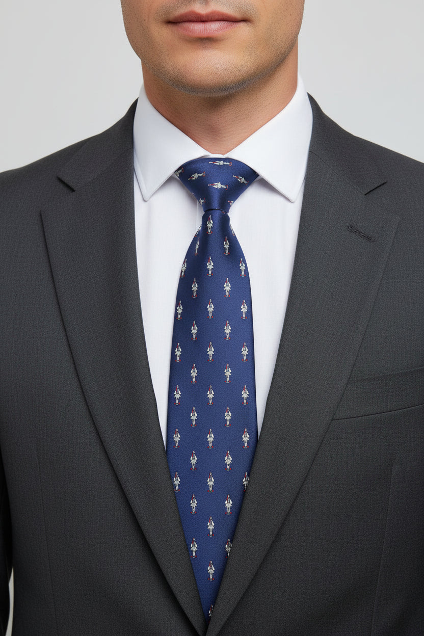 Man wearing a dark suit with a white shirt and blue patterned tie.
