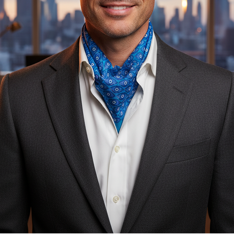 Man wearing a dark suit with a white shirt and blue patterned scarf, standing against a cityscape background.