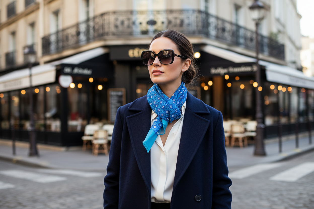Woman wearing a blue coat and scarf on a city street
