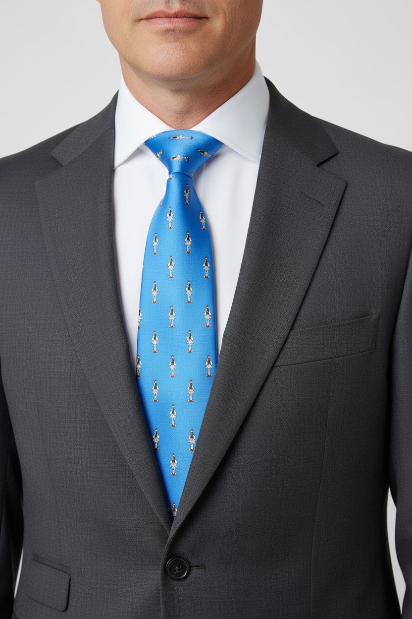 Man wearing a gray suit with a blue tie featuring small images on a light gray background