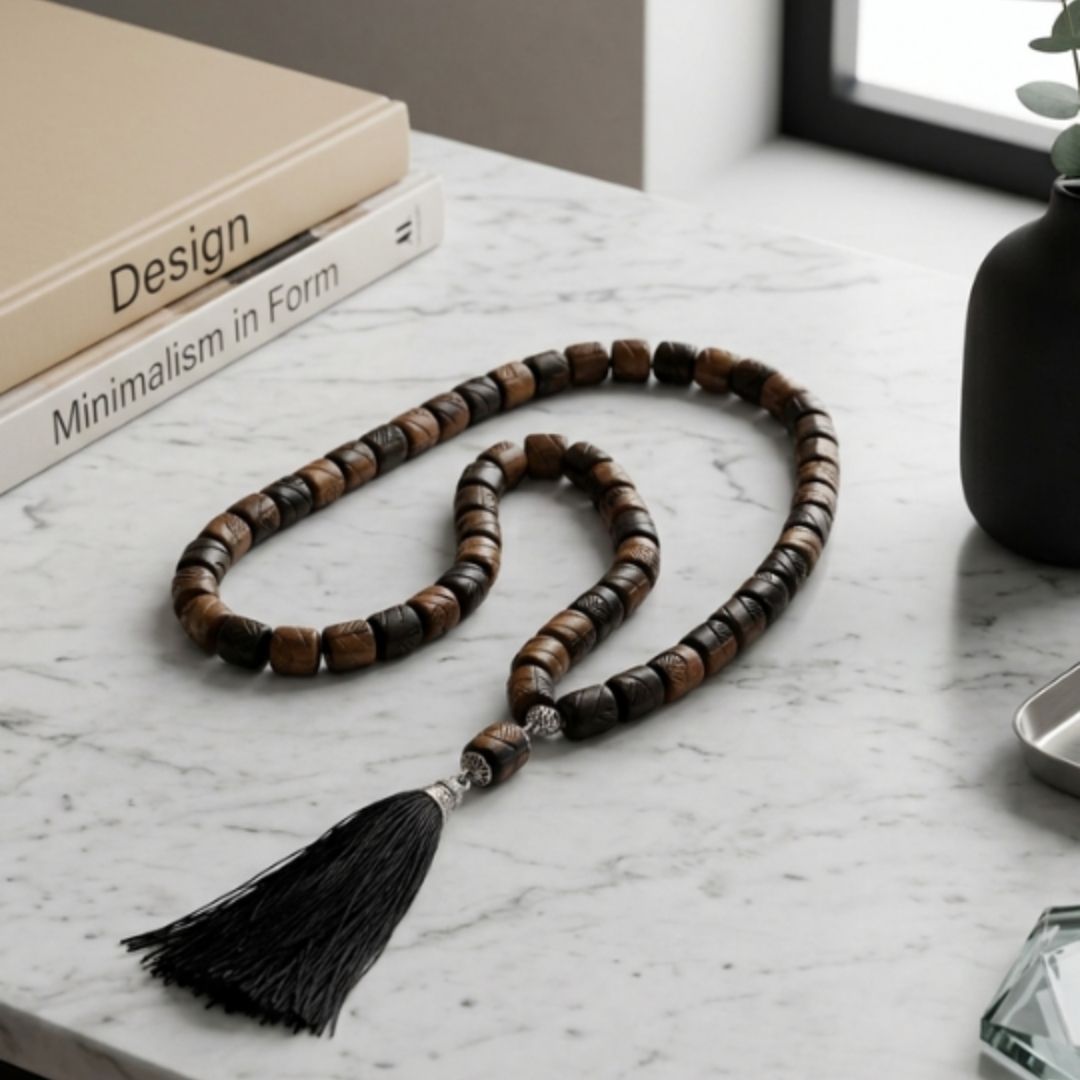Brown and black beads on marble