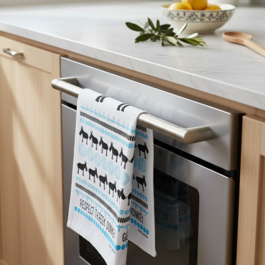Donkey tea towel on oven