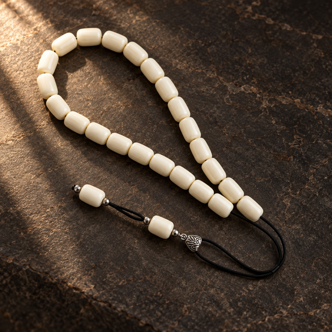 Ivory beaded strand on dark stone