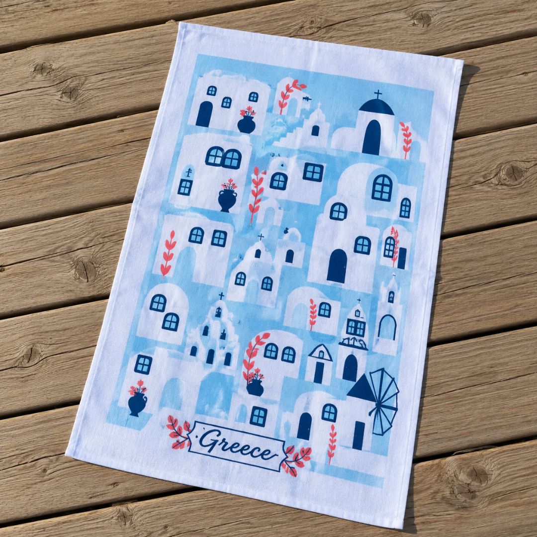 Greek Island Cotton Tea Towel – screen-printed Greek island village design in aqua and white, styled | Thalassea
