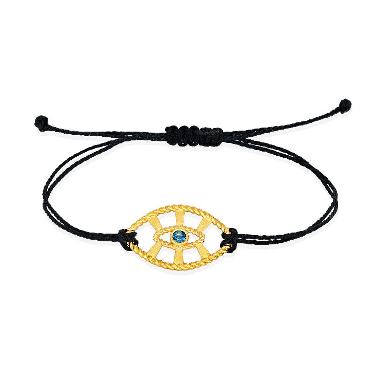 Adjustable bracelet with black thread and a gold-plated 'Mati' charm with a London Blue topaz semi-precious stone.