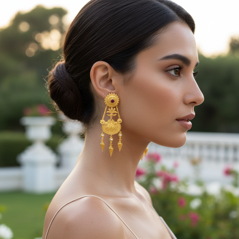 Woman wearing gold earrings with a garden background