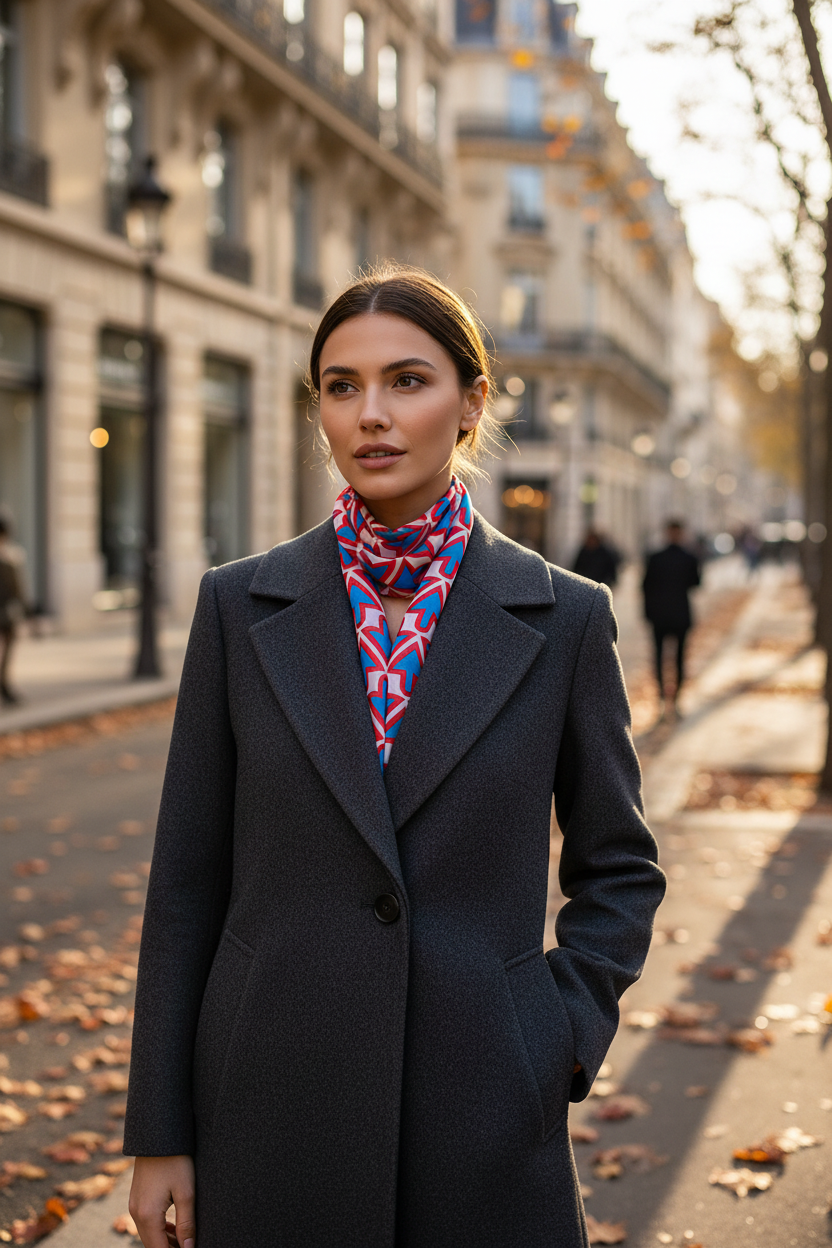 Woman wearing a dark coat and colorful scarf on a city street.
