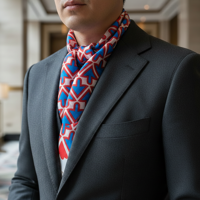 Person wearing a dark suit with a colorful patterned scarf in an indoor setting