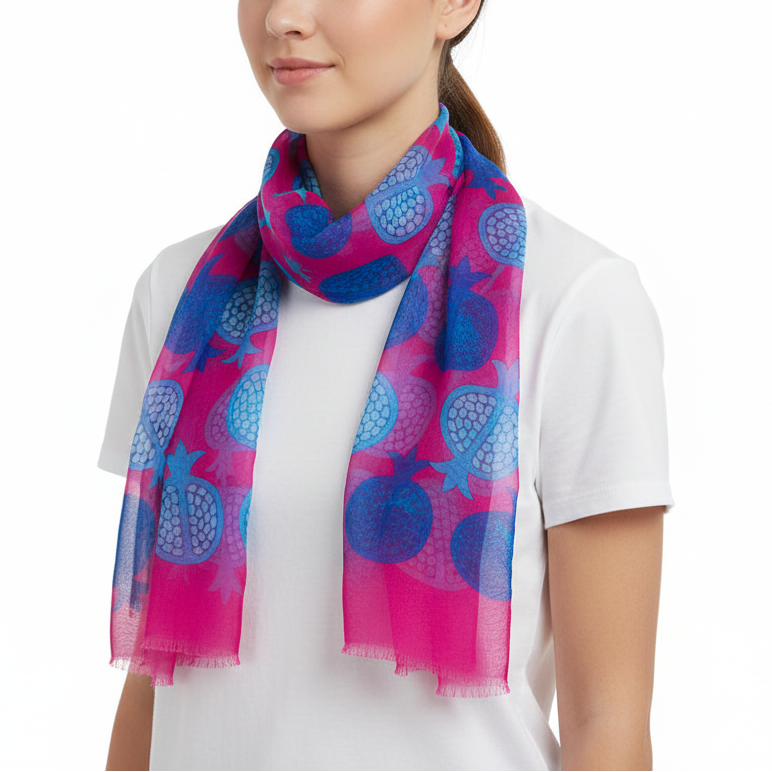 Woman wearing a colorful scarf with a white background