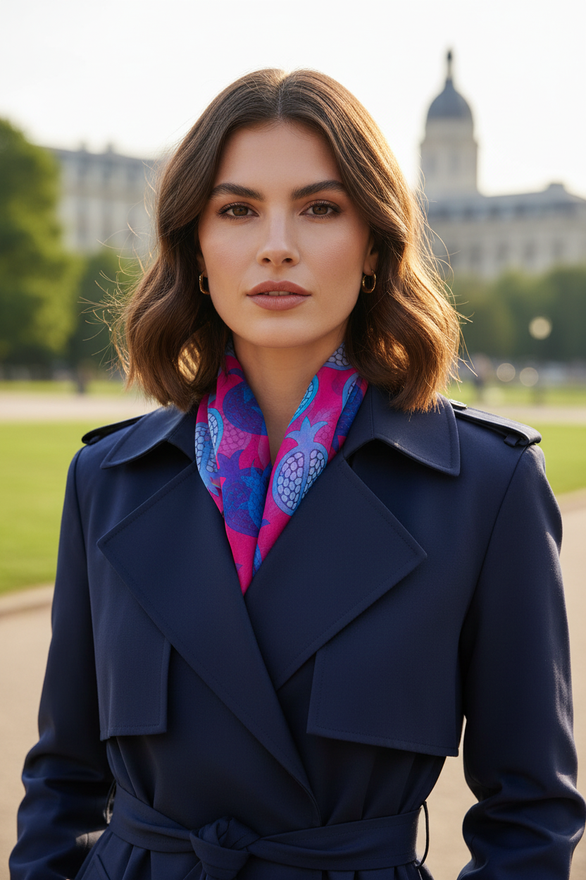 Woman wearing a navy coat with a colorful scarf in an outdoor setting