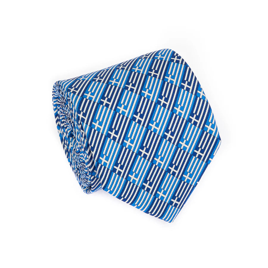 Blue patterned beanie on a white background