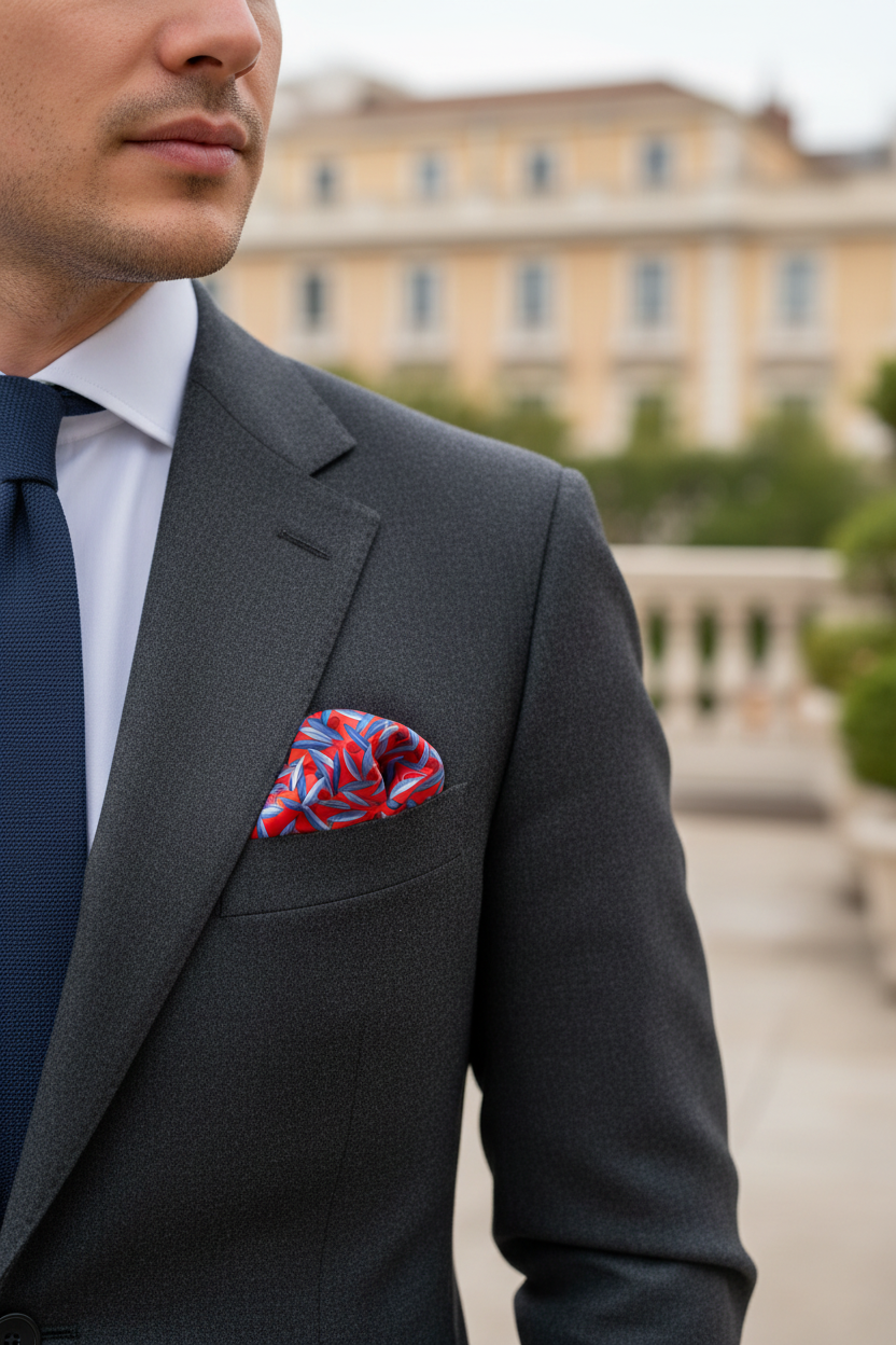 Man wearing a gray suit with a patterned pocket square in an outdoor setting