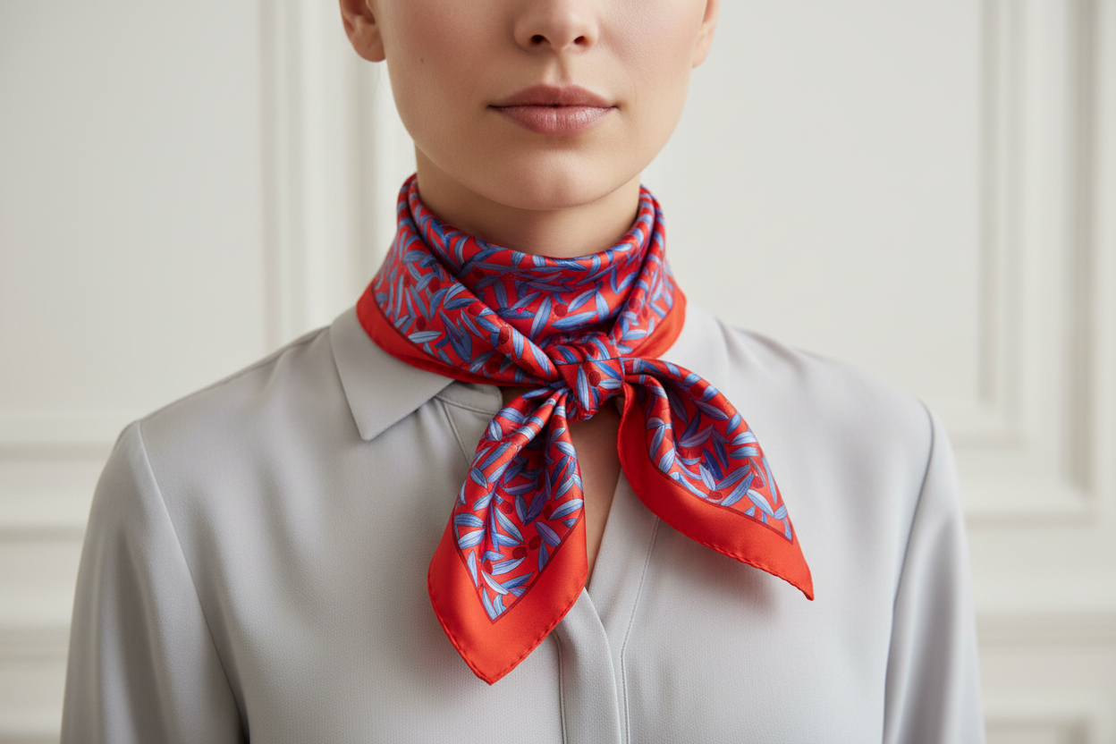 Person wearing a red and blue patterned scarf on a plain background