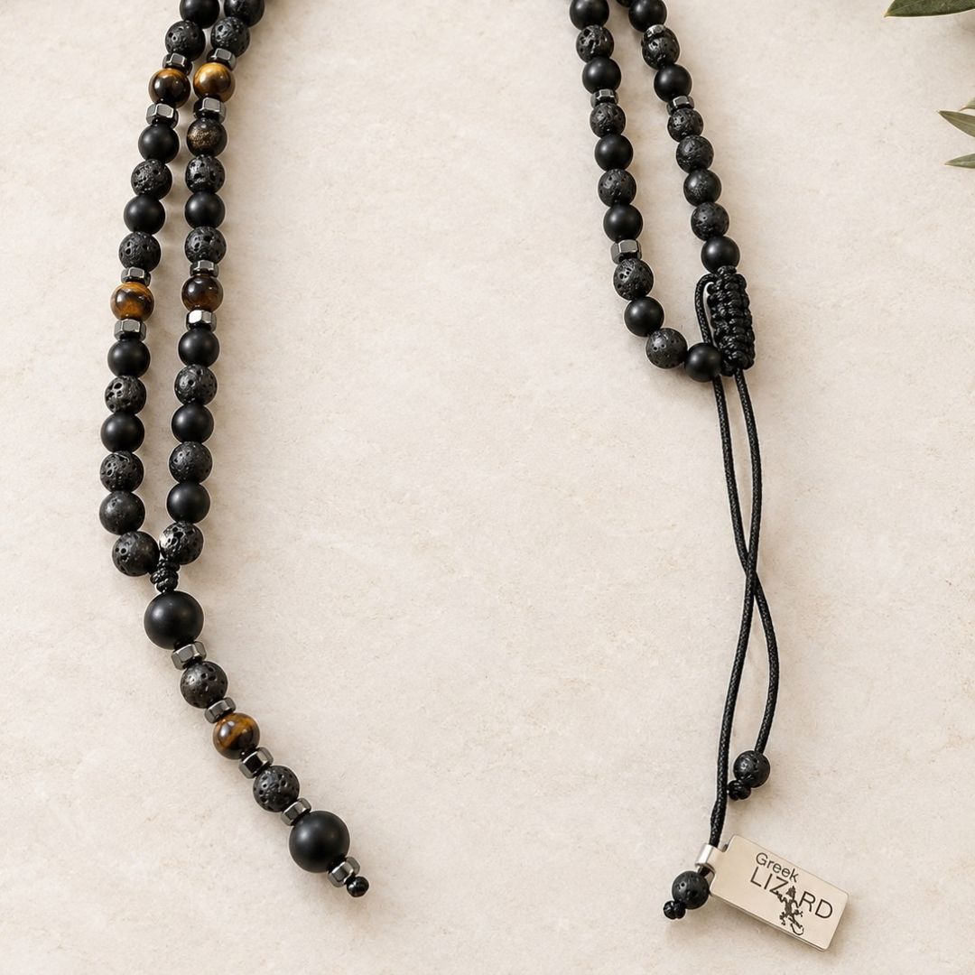 Black lava tiger eye bead strand