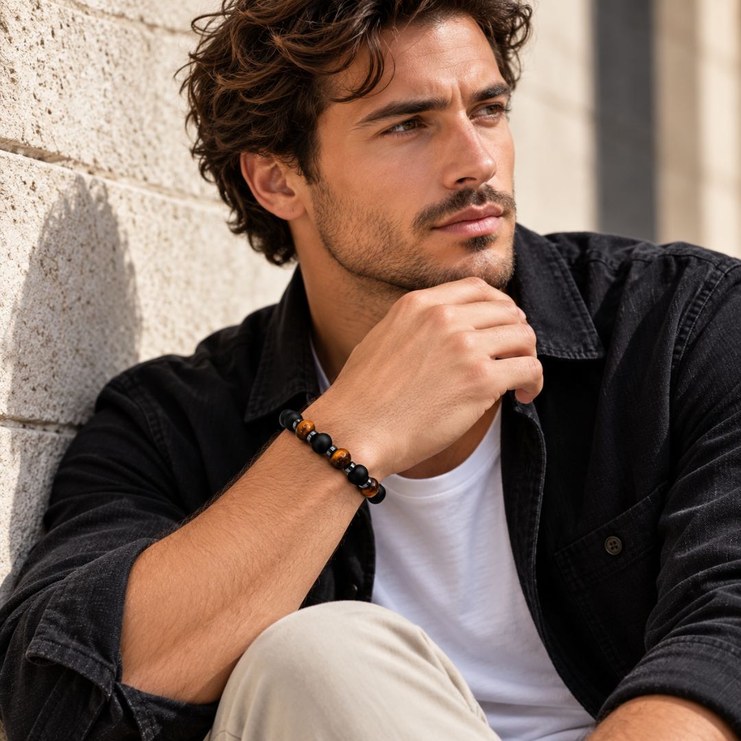 Man styling black tiger eye bracelet