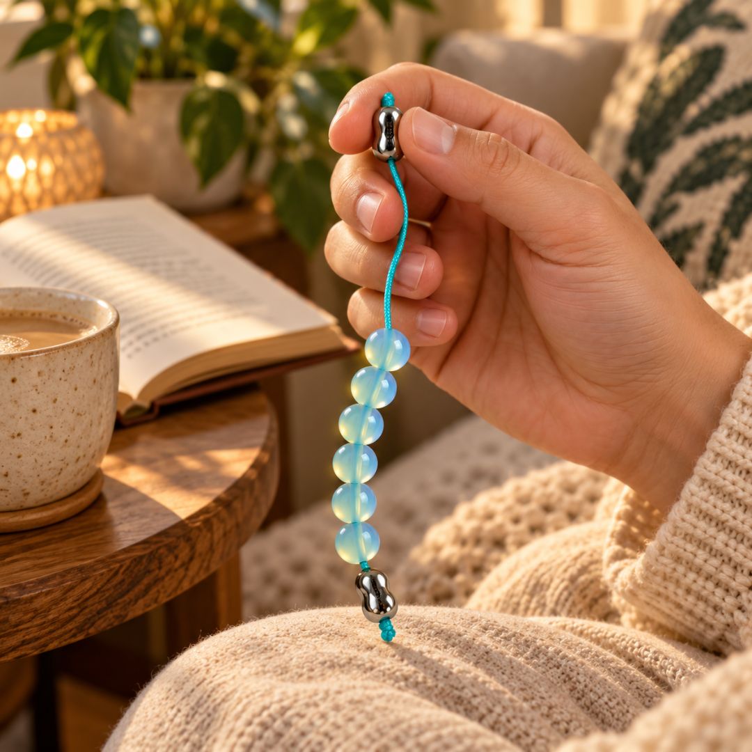 Hand holding blue worry beads indoors