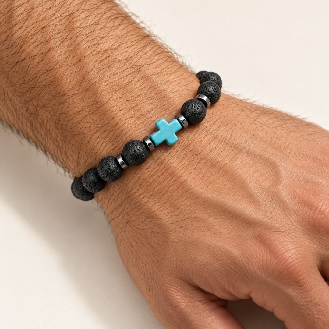 Close-up lava bracelet turquoise cross