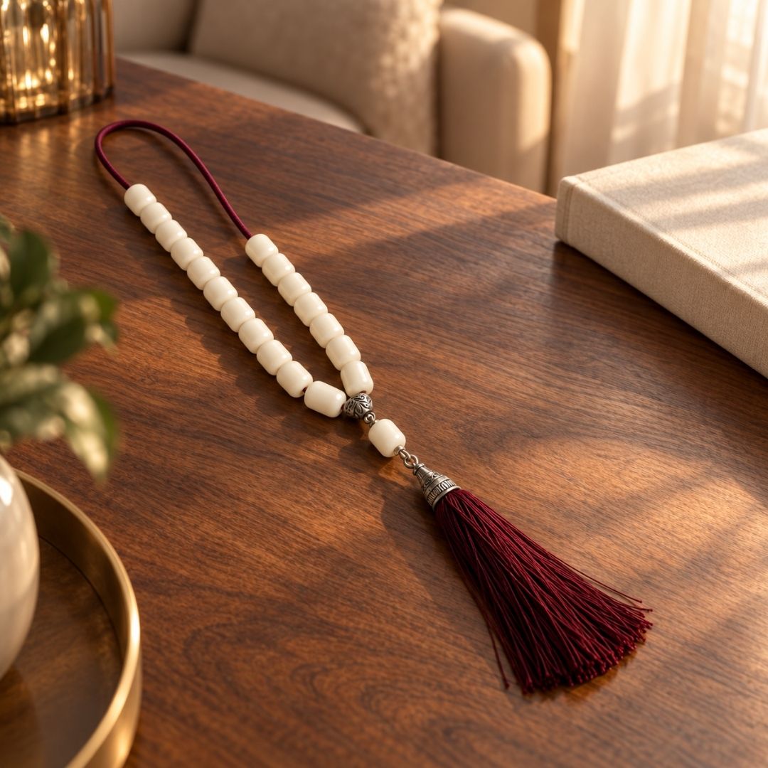 Ivory beads and burgundy tassel on wood
