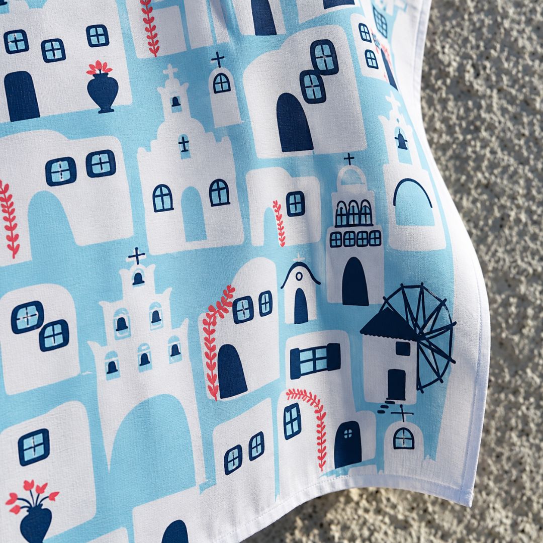 Greek Island Cotton Tea Towel – screen-printed Greek island village design in aqua and white, detail view | Thalassea