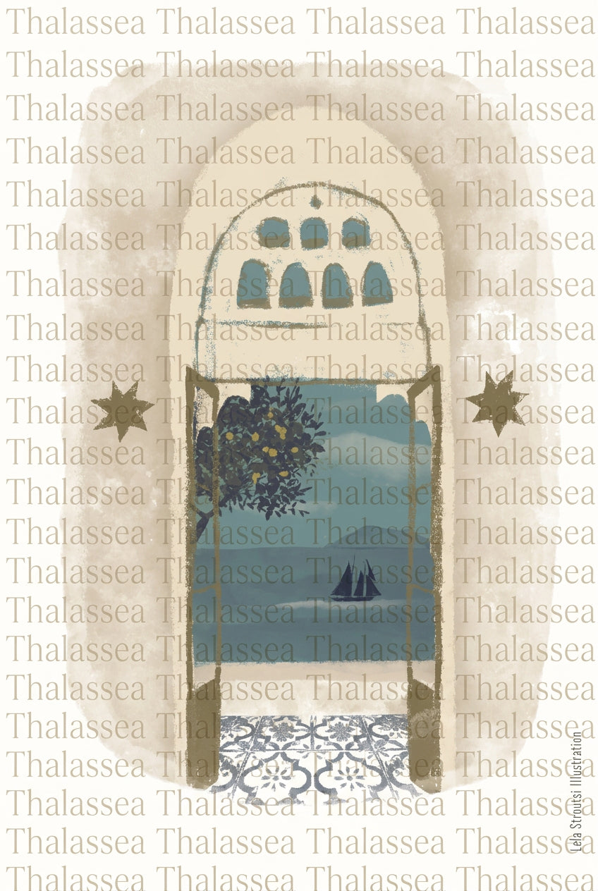 A digital artwork depicting a door with a view of a Greek island, featuring a tiled floor, the sea, a sailing boat, and an orange tree.
