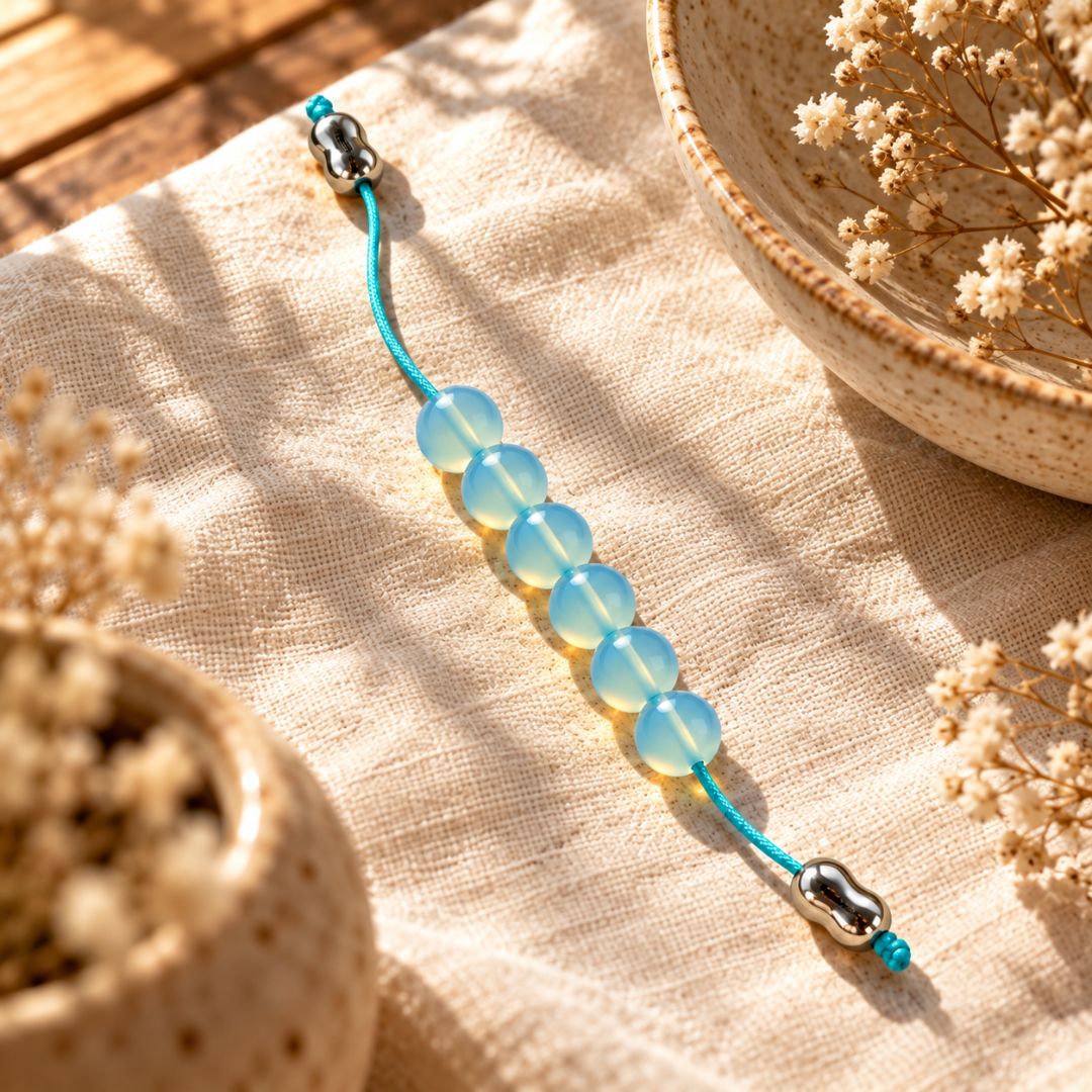 Blue glass worry beads on neutral fabric