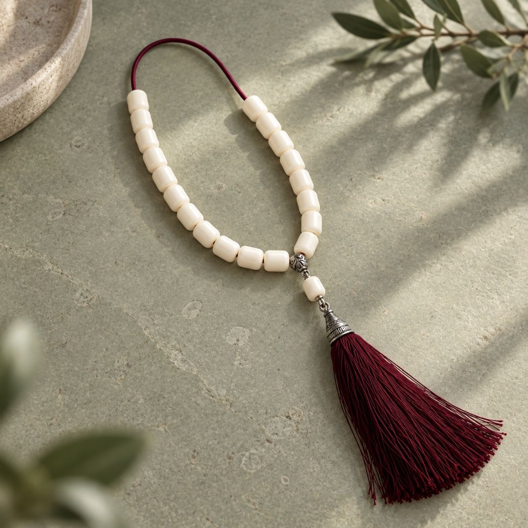 Ivory beaded strand on green stone