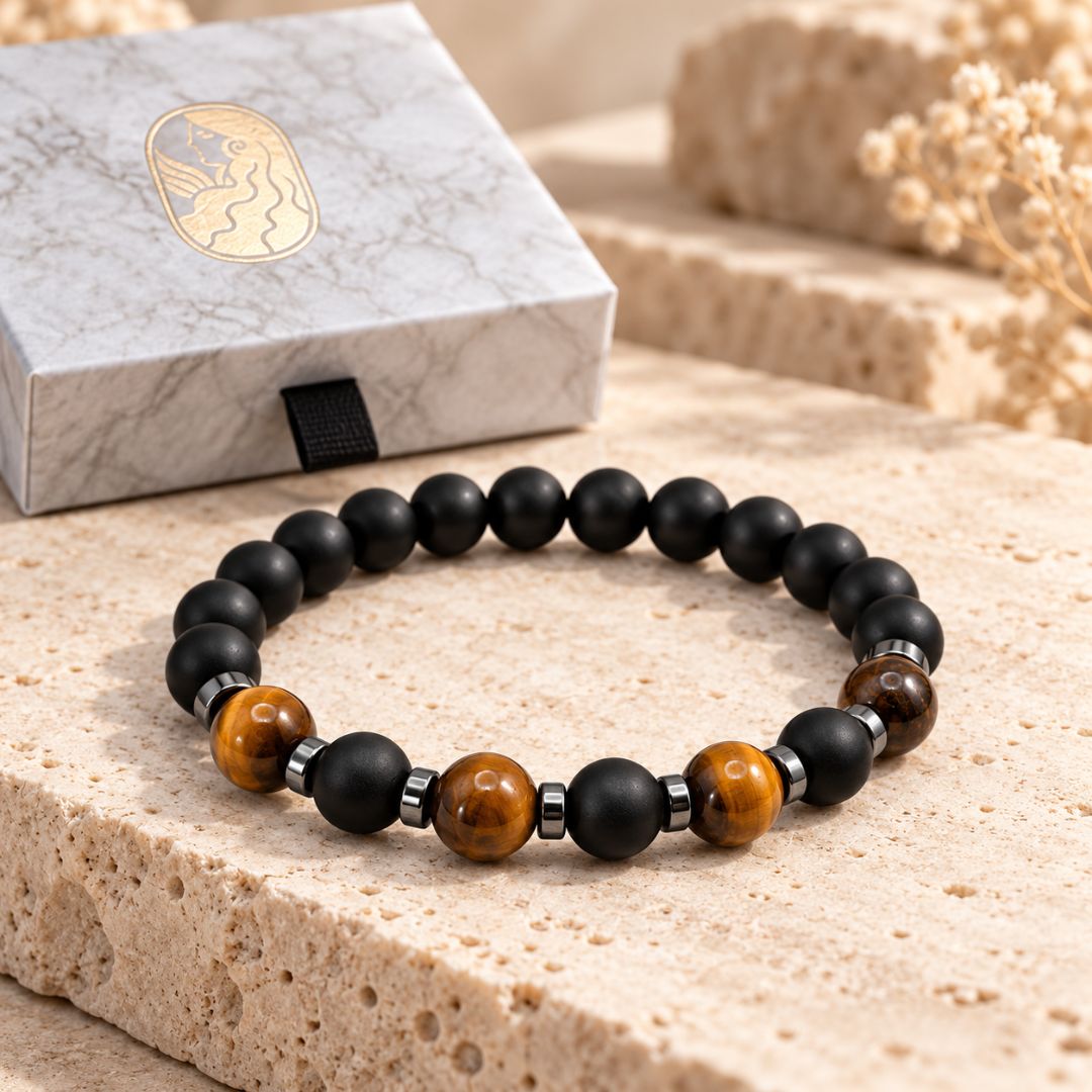 Tiger eye beaded bracelet beside gift box