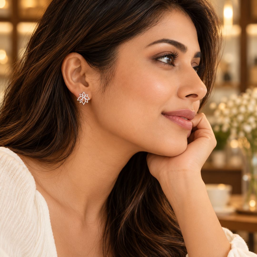Silver flower earrings lifestyle display