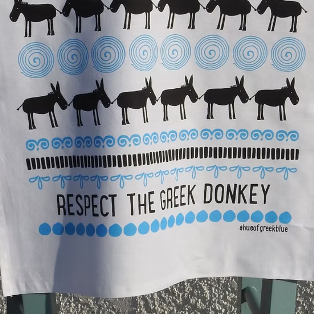 Greek donkey print tea towel