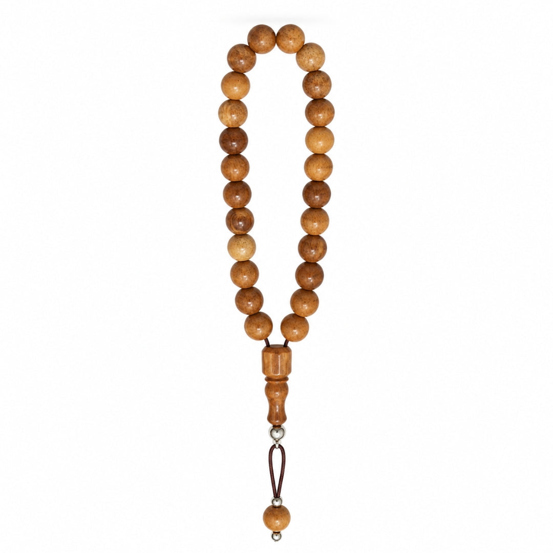 Wooden bead strand laid vertically