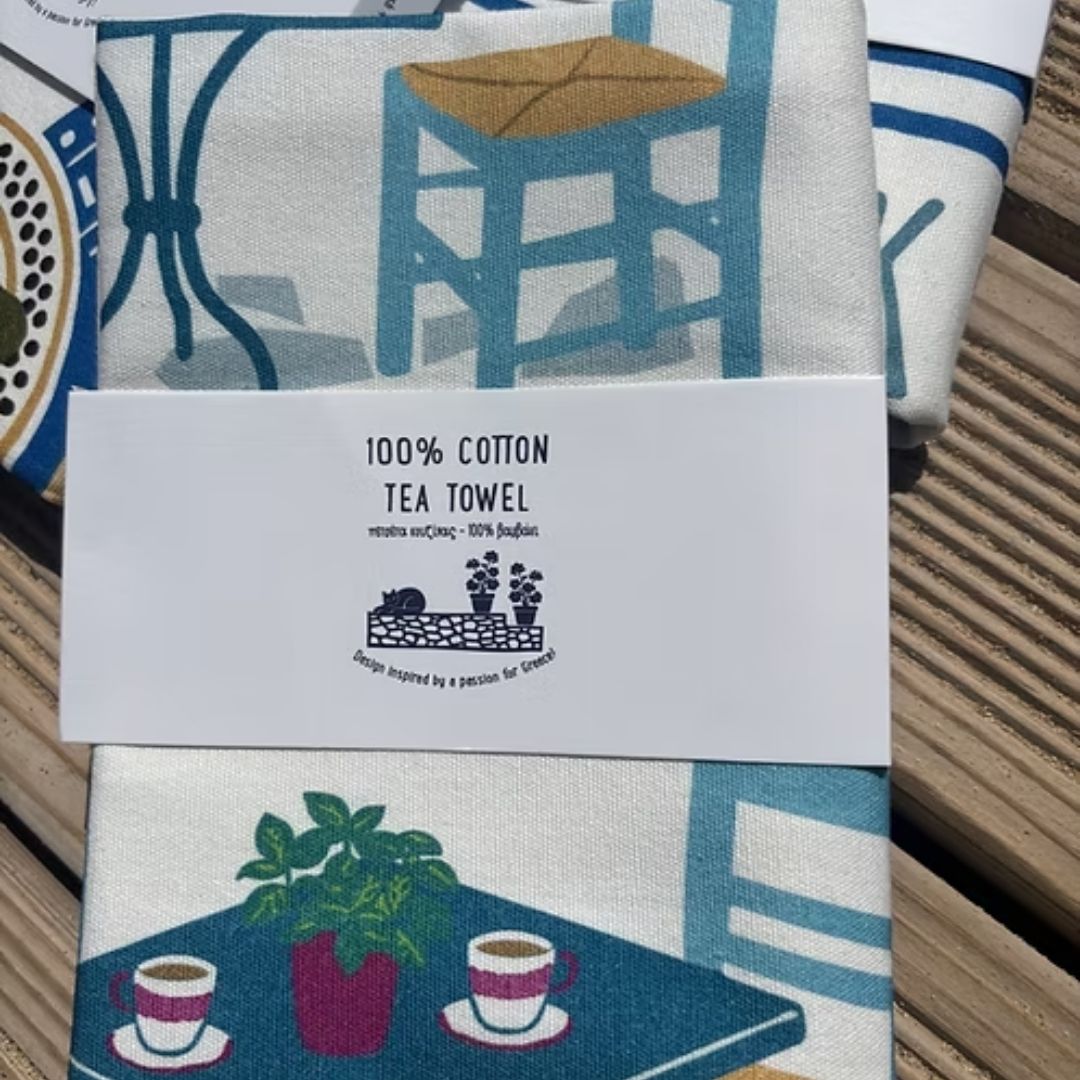 Coffee and Drinks Cotton Tea Towel – card wrap over Greek coffee cups and blue chair print, packaging detail | Thalassea