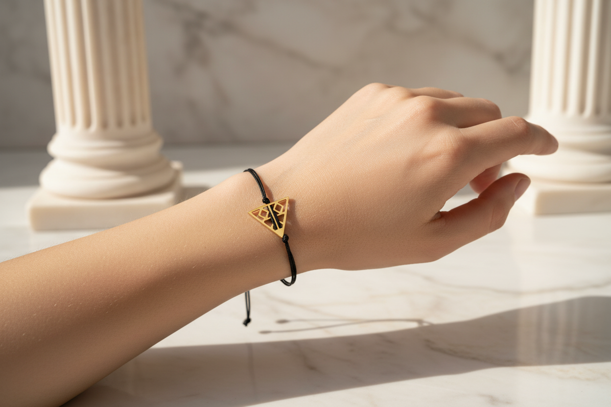 Hand wearing a black and gold bracelet against a marble background
