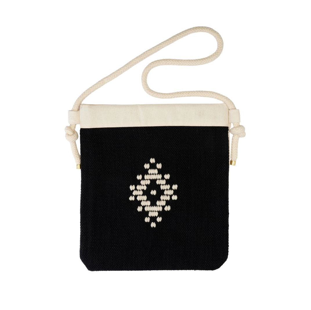 Tagari Thrace – handwoven Greek black cotton crossbody bag with ivory woven diamond motif | Thalassea