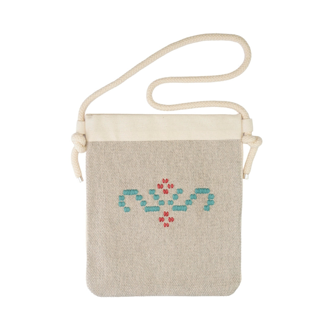 Tagari Makrinitsa – handwoven Greek natural cotton crossbody bag with teal and red folk motif | Thalassea