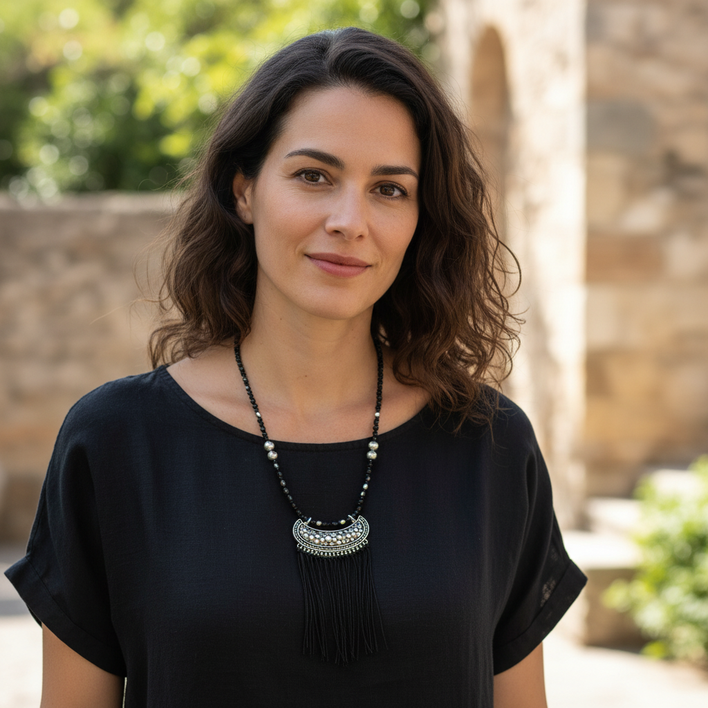 Woman wearing a black top and necklace with a blurred outdoor background