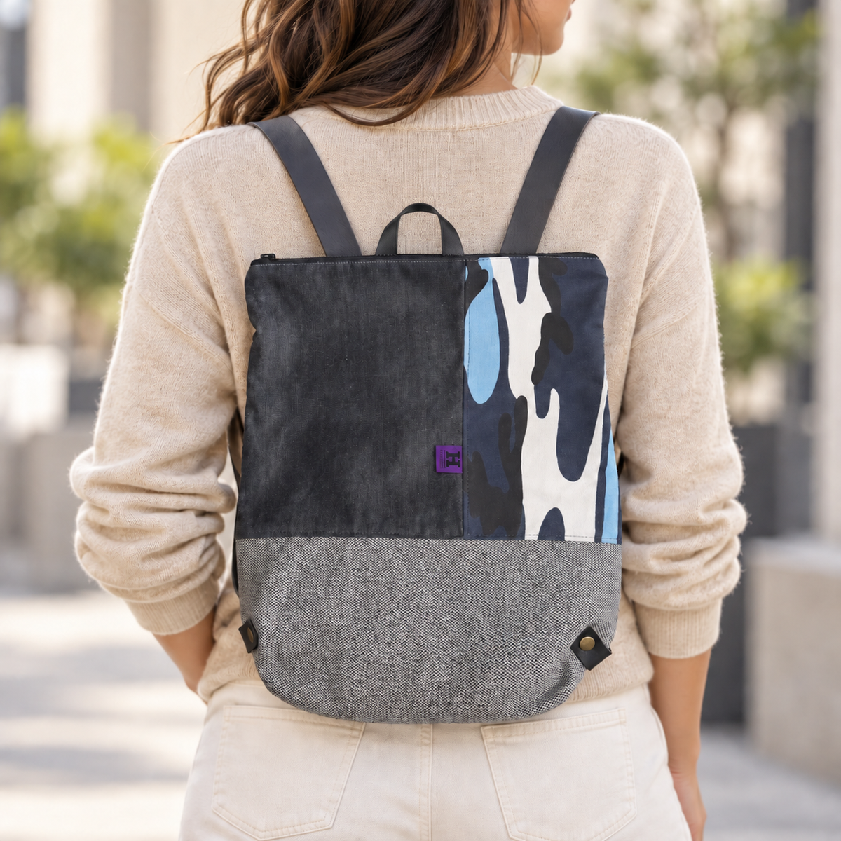 Charcoal & Blue Abstract-Panel back bag