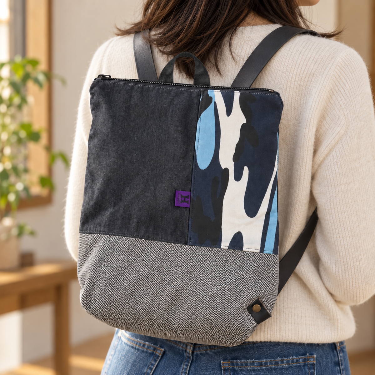 Charcoal & Blue Abstract-Panel back bag