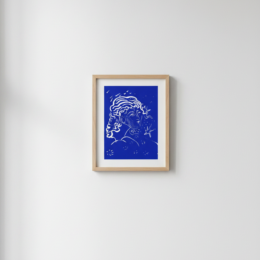 White line drawing of a classical bust with stars on a blue background