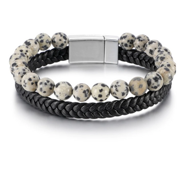 Black Leather Bracelet - white stones