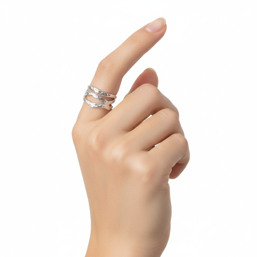Hand wearing a silver ring on a white background